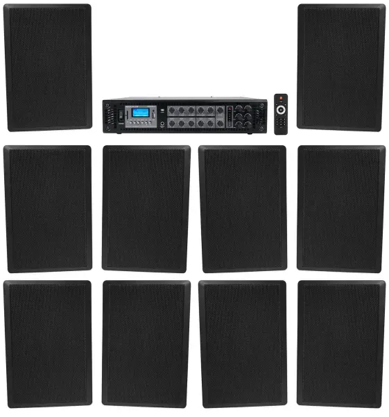 Rockville 6-Zone 70v Amplifier+(10) Slim Black Restaurant/Bar/Cafe Wall Speakers