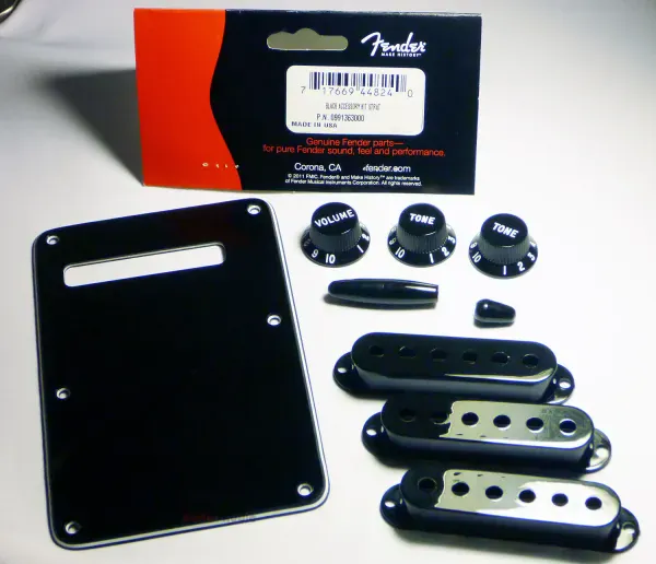 Genuine Fender Black Strat Stratocaster Accessory Kit - BackPlate, Knobs, Covers