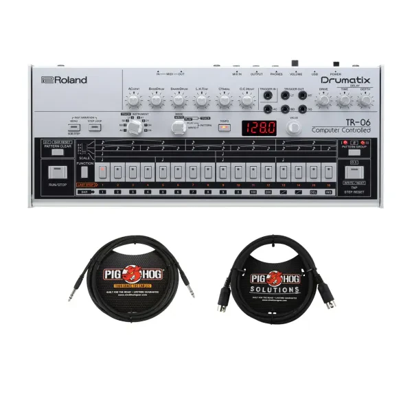 Roland Boutique Compact Metal Top Drum Machine w/Case Silver and Cables Bundle