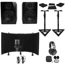 2) Rockville APM6B 6.5" Active Studio Monitors+Stands+Mic+Headphones+Iso Shield