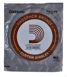 Струна для акустической гитары D'Addario PB039 Phosphor Bronze Custom Singles, фосфорная бронза, калибр 39