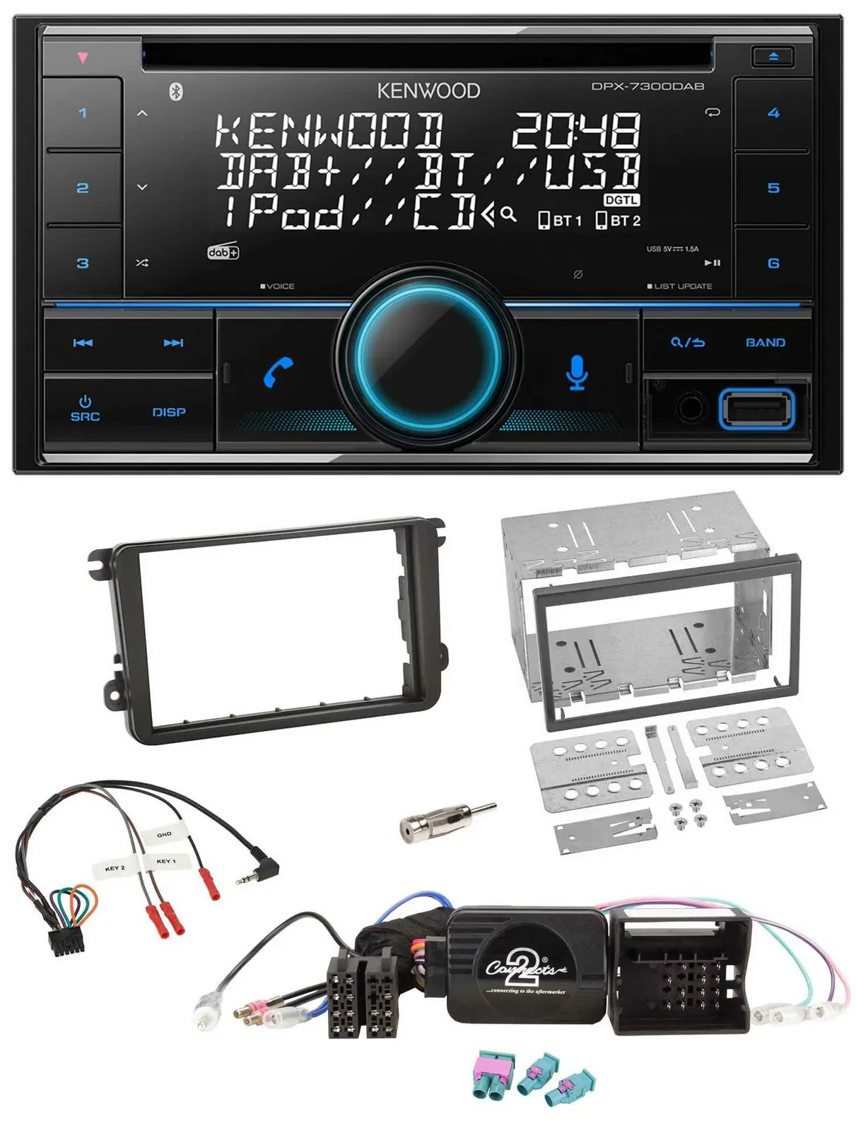 Автомагнитола для VW Amarok, Beetle, EOS, Caddy Kenwood 2-DIN CD DAB USB Bluetooth (совместима с кнопками на руле)