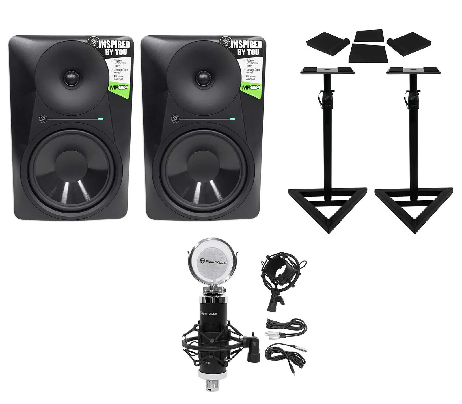 Студийные мониторы Mackie MR824 8", 85W (набор, пара) с конденсерным микрофоном, стойками и изоляционными пэдами