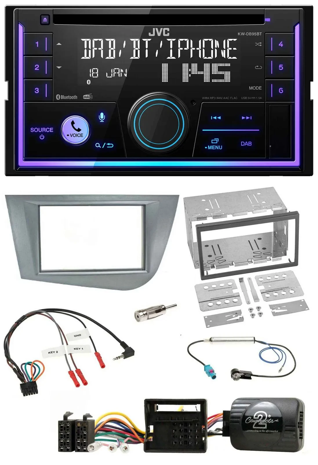 Автомагнитола JVC 2DIN, DAB, Bluetooth, CD, USB, для Seat Leon 2005–2012, серебристая