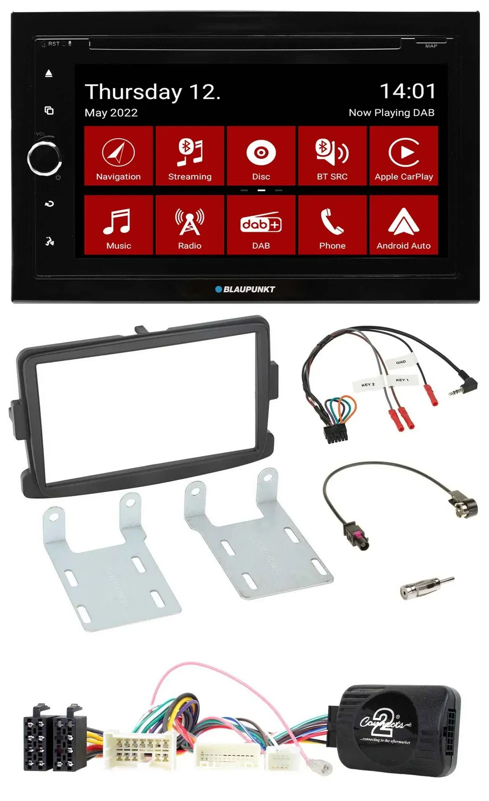 Blaupunkt 2DIN Lenkrad Bluetooth USB TMC DAB Navigation für Dacia ab 2012 schwar