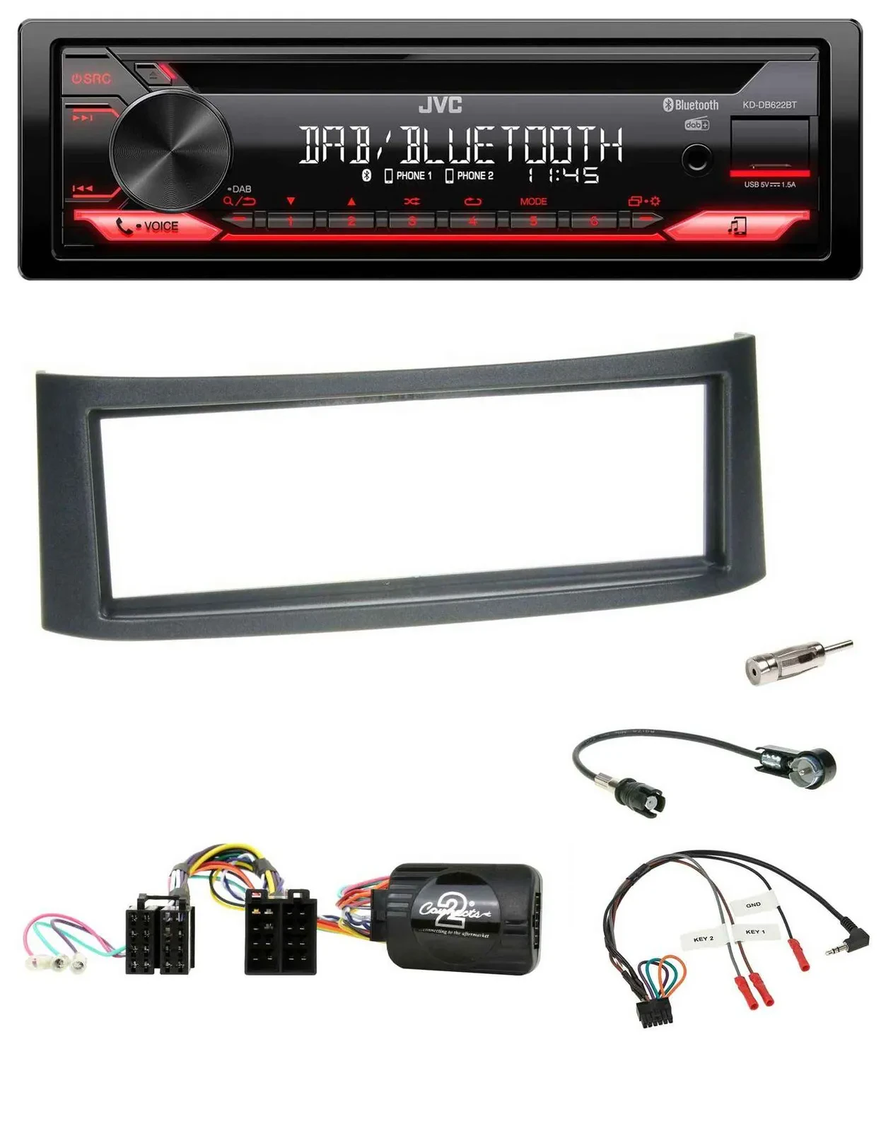 Автомагнитола JVC CD DAB USB Bluetooth для Smart ForFour W454 2004–2006, черный