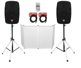 (2) Rockville SPG88 8" 400w DJ PA Speakers+Stands w/LED's+Remote+Cables+Facade