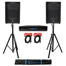(2) JBL JRX212 12" 1000 Watt DJ PA Speakers+Power Amplifier+Stands+Cables