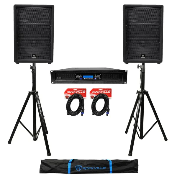(2) JBL JRX212 12" 1000 Watt DJ PA Speakers+Power Amplifier+Stands+Cables