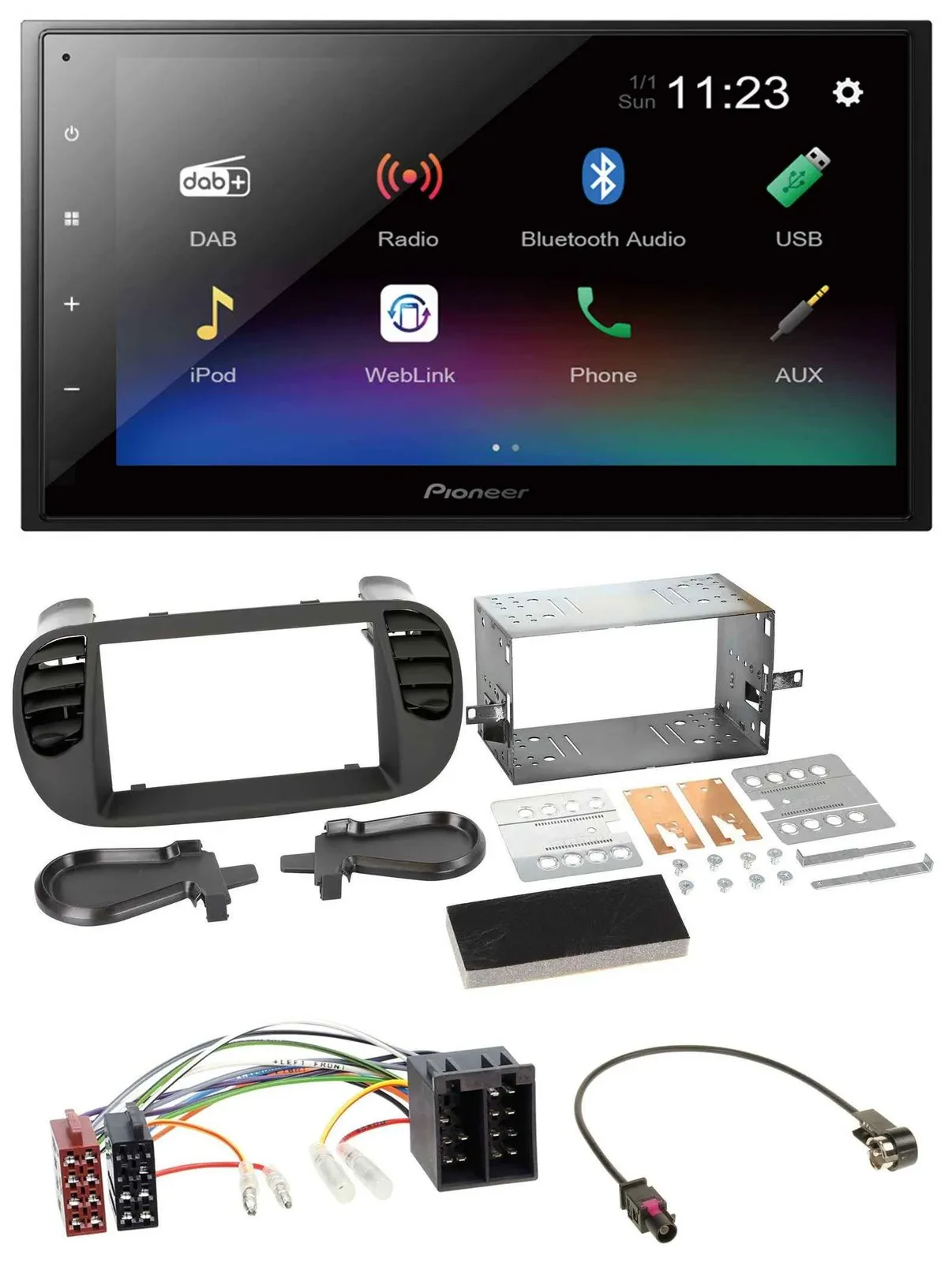 Автомагнитола для Fiat 500 Pioneer 2DIN, USB, Bluetooth, DAB, MP3, ISO, soft-touch