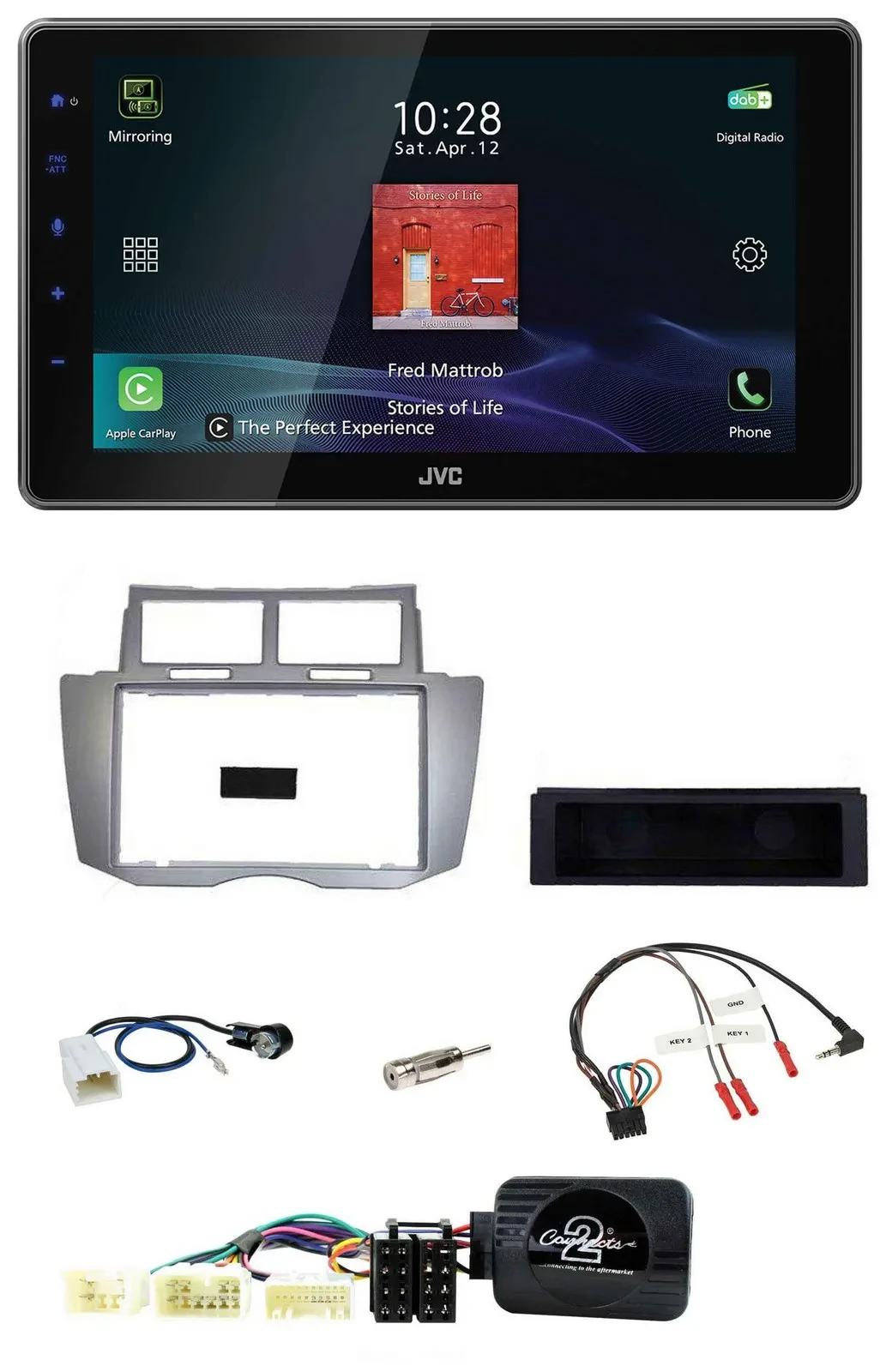 Автомагнитола JVC DAB, Bluetooth, USB для Toyota Yaris 2007–2011 серебристая