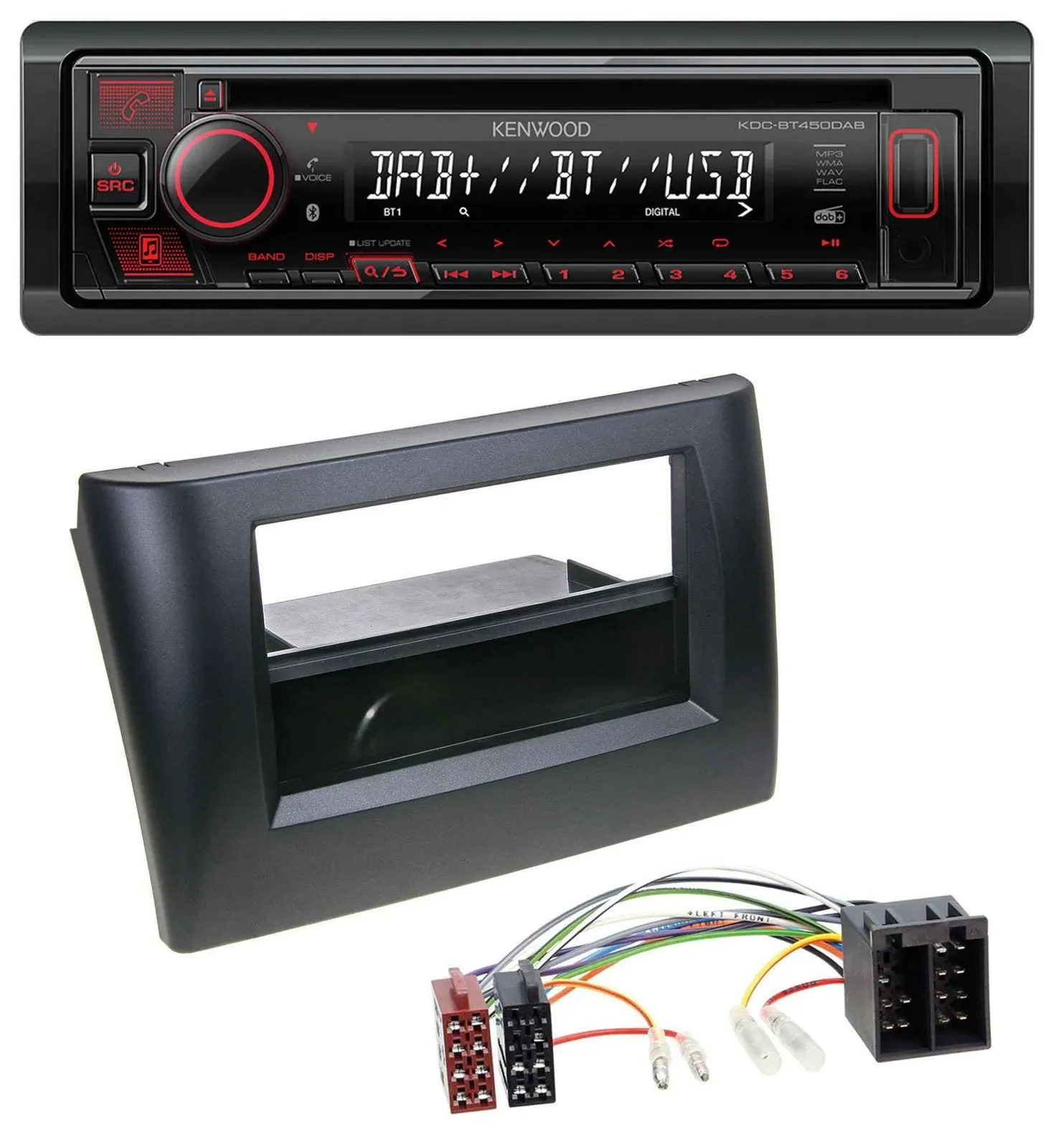 Автомагнитола Kenwood CD/MP3, USB, Bluetooth, DAB для Fiat Stilo (192, 2001–2008) с монтажным карманом
