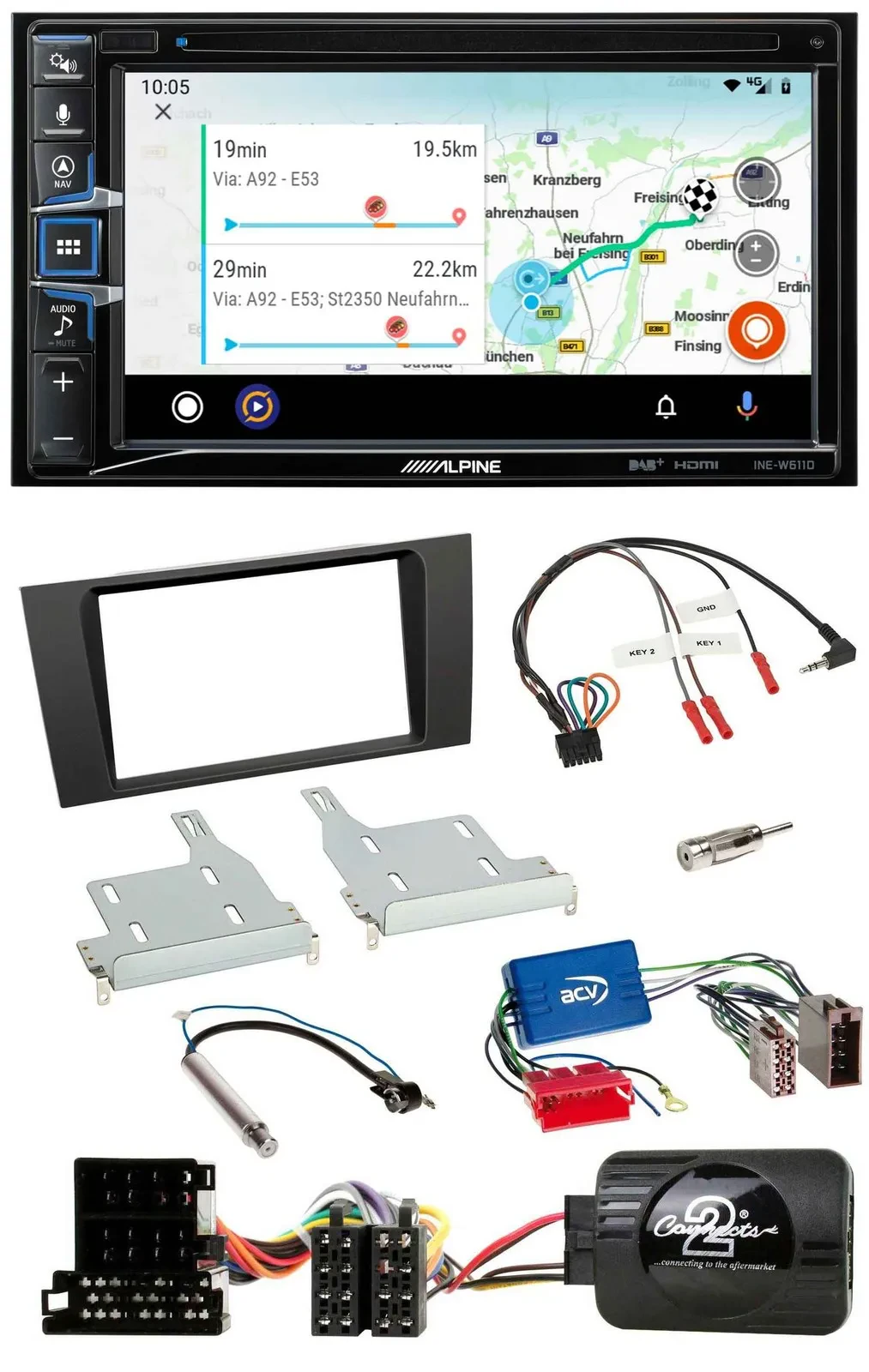 Автомагнитола для Audi A4 1999–2001 Alpine 2DIN Bluetooth DAB USB, навигация, поддержка кнопок на руле (активная система)