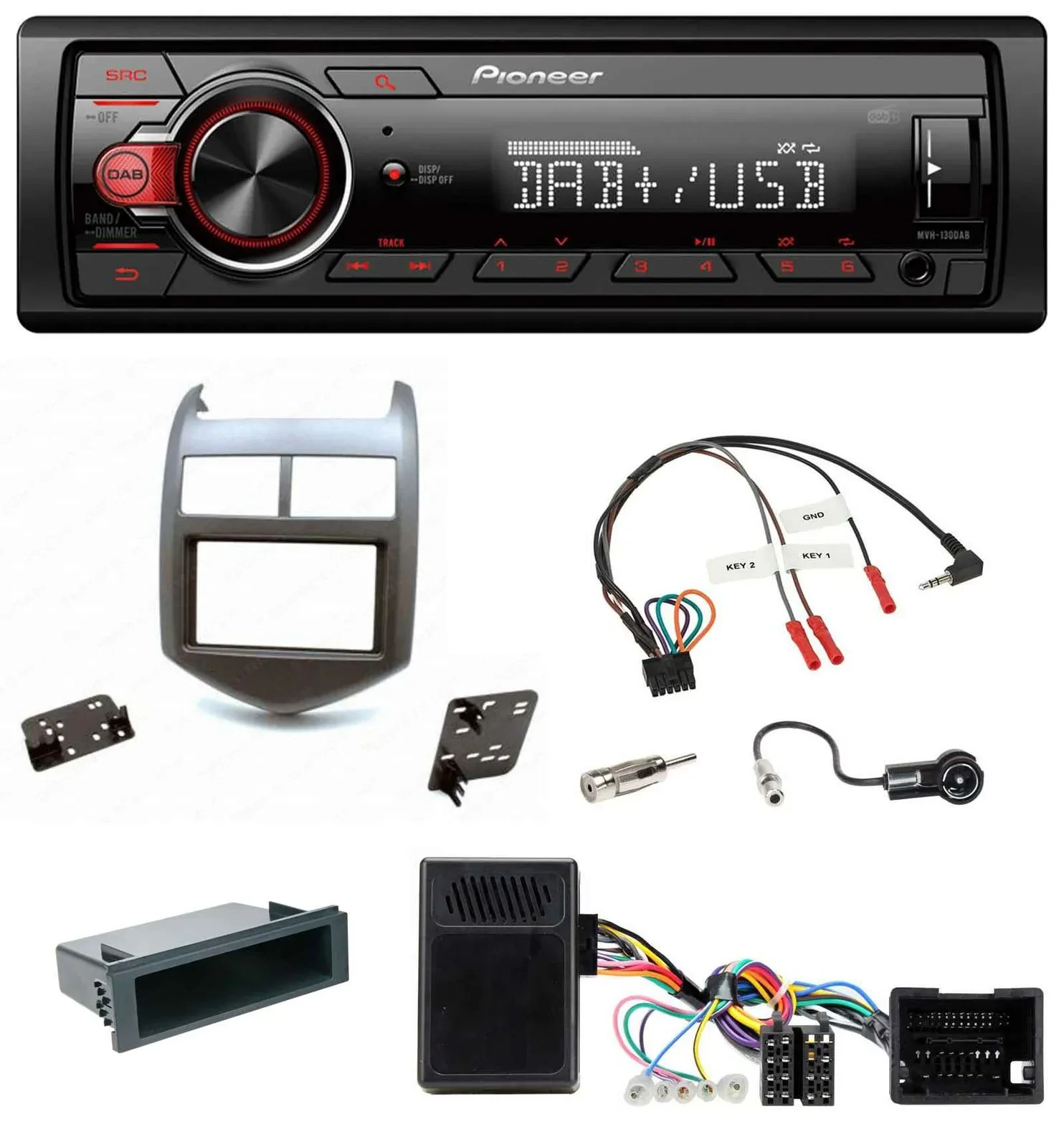 Автомагнитола Pioneer 1-DIN, DAB, USB, с поддержкой кнопок на руле, для Chevrolet Aveo (с 2011), темно-серая