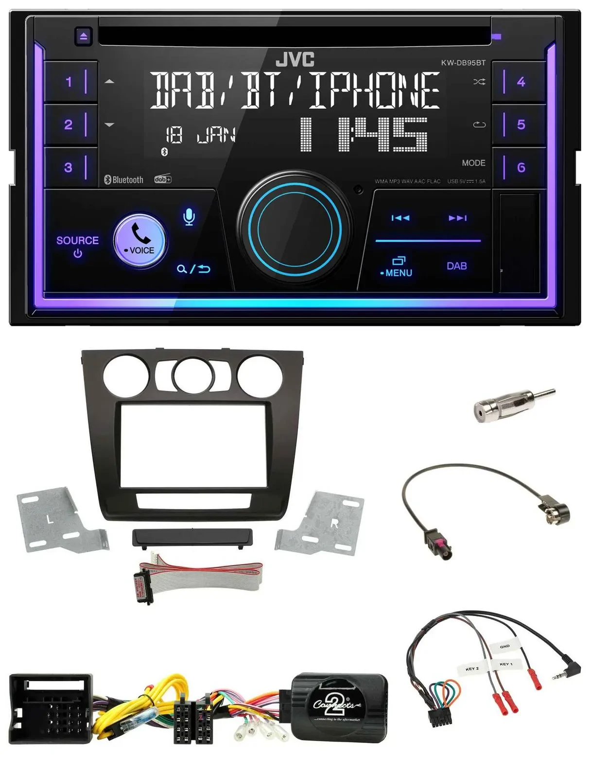 JVC Lenkrad USB 2DIN DAB Bluetooth CD Autoradio für BMW 1er man. Klima E87/E88/E