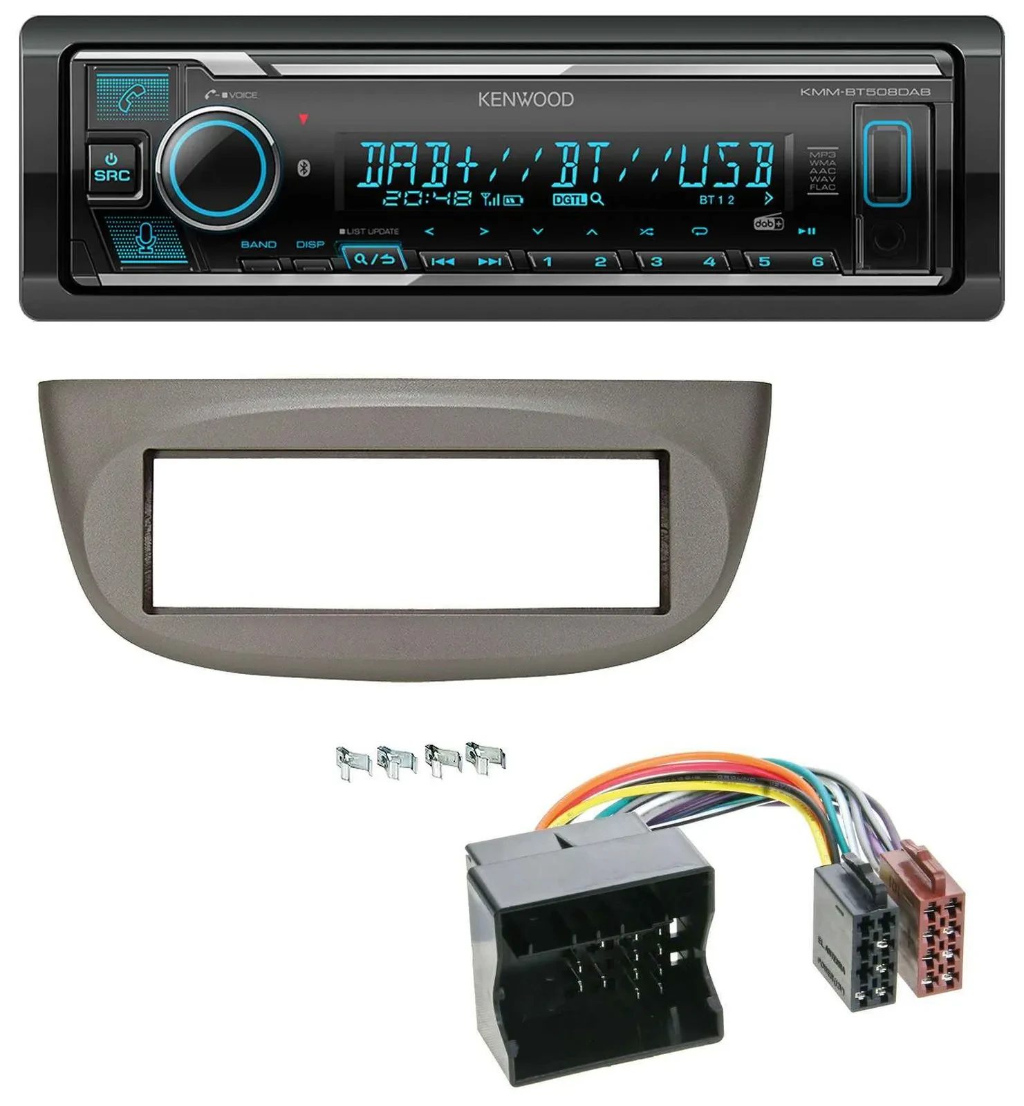 Автомагнитола Kenwood Bluetooth MP3 DAB USB для Renault Twingo (2007–2014) бежево-серая