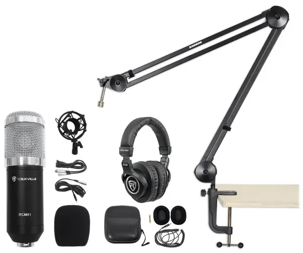 Rockville Studio Recording Microphone+Boom Arm+Desk Clamp+Shock Mount+Headphones