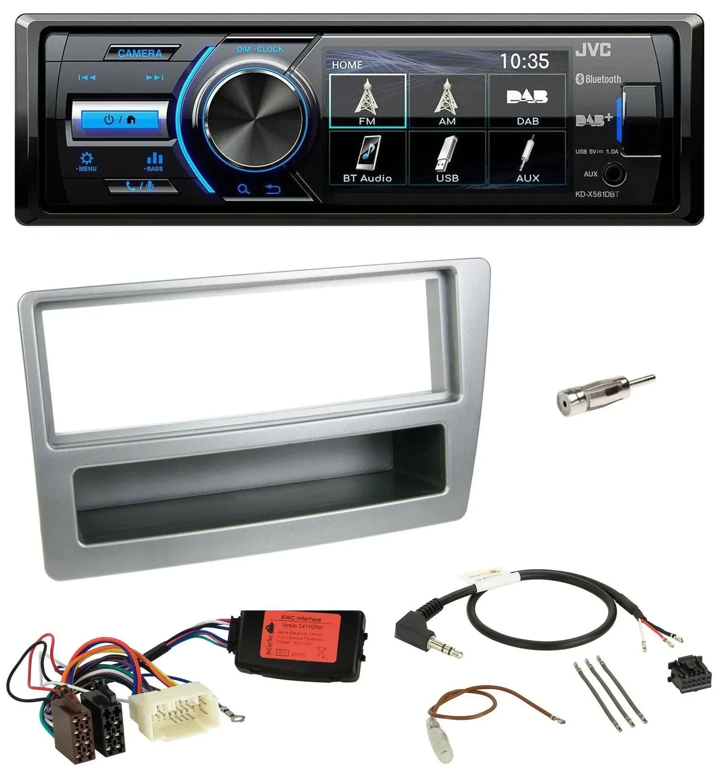 Автомагнитола для Honda Civic 2004–2006 JVC Bluetooth, USB, DAB, поддержка управления с руля, серебристая