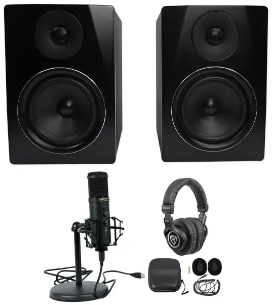 Rockville Recording Bundle w/(2) 6.5" Black Studio Monitors+USB Mic+Headphones