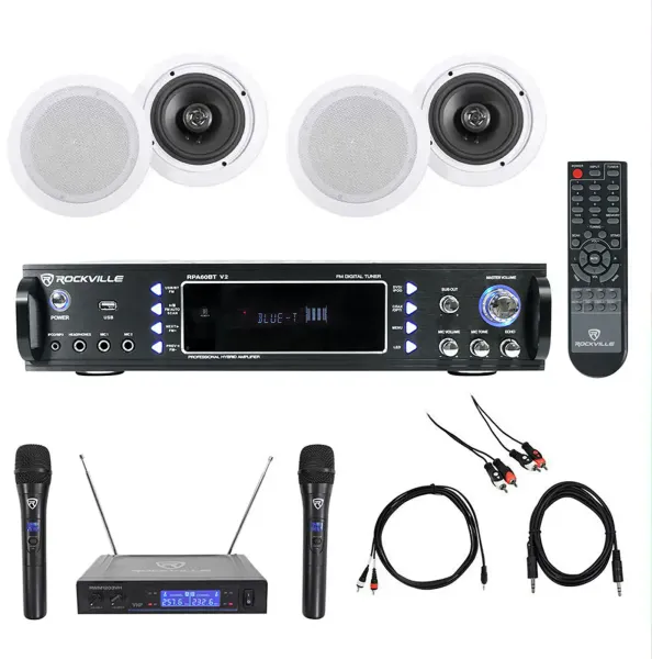 Rockville 1000w Karaoke Bluetooth Amp/Mixer+ (4) Ceiling Speakers+Wireless Mics