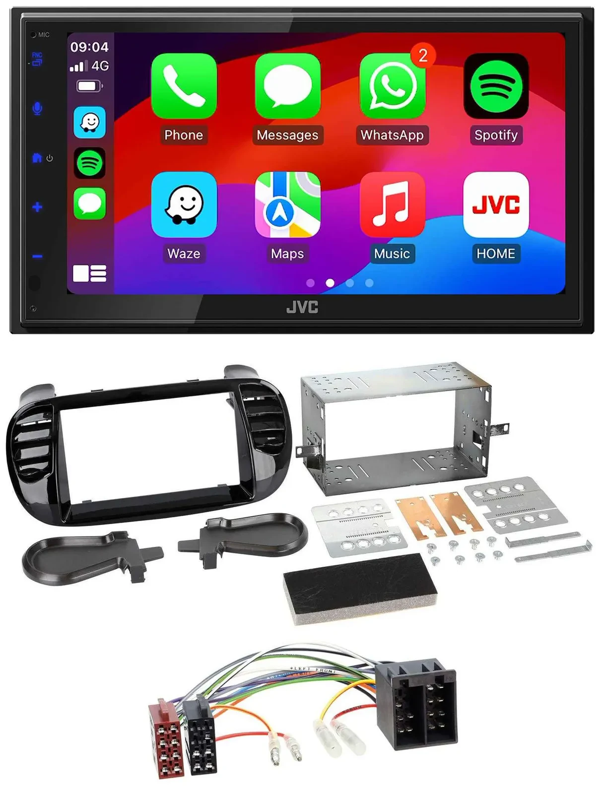 JVC Bluetooth USB MP3 2DIN DAB Autoradio für Fiat 500 bis 2012 glänzend schwarz