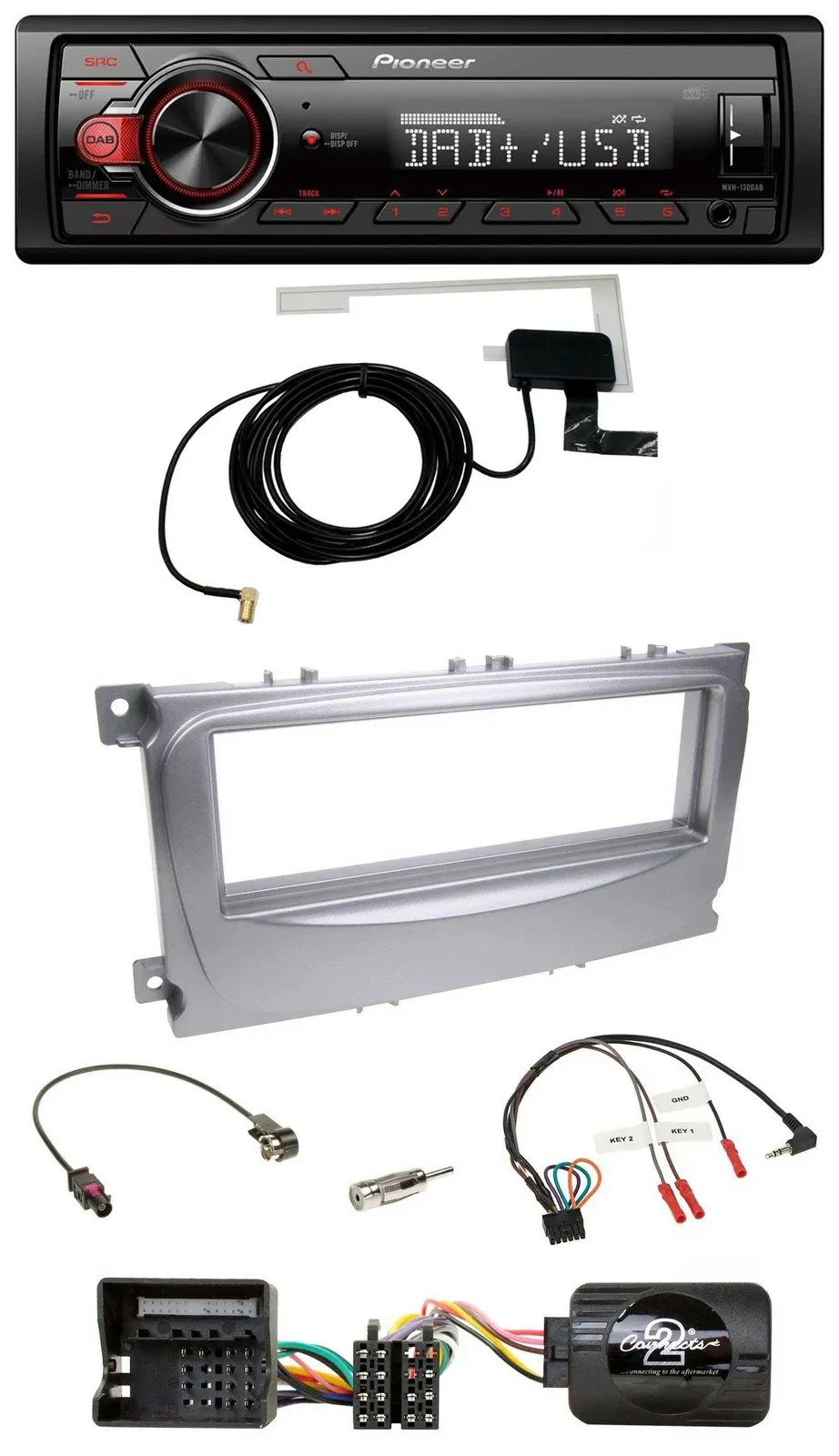 Автомагнитола Pioneer 1DIN MP3 DAB USB для Ford S-Max/Mondeo (2007–2014), серебристая