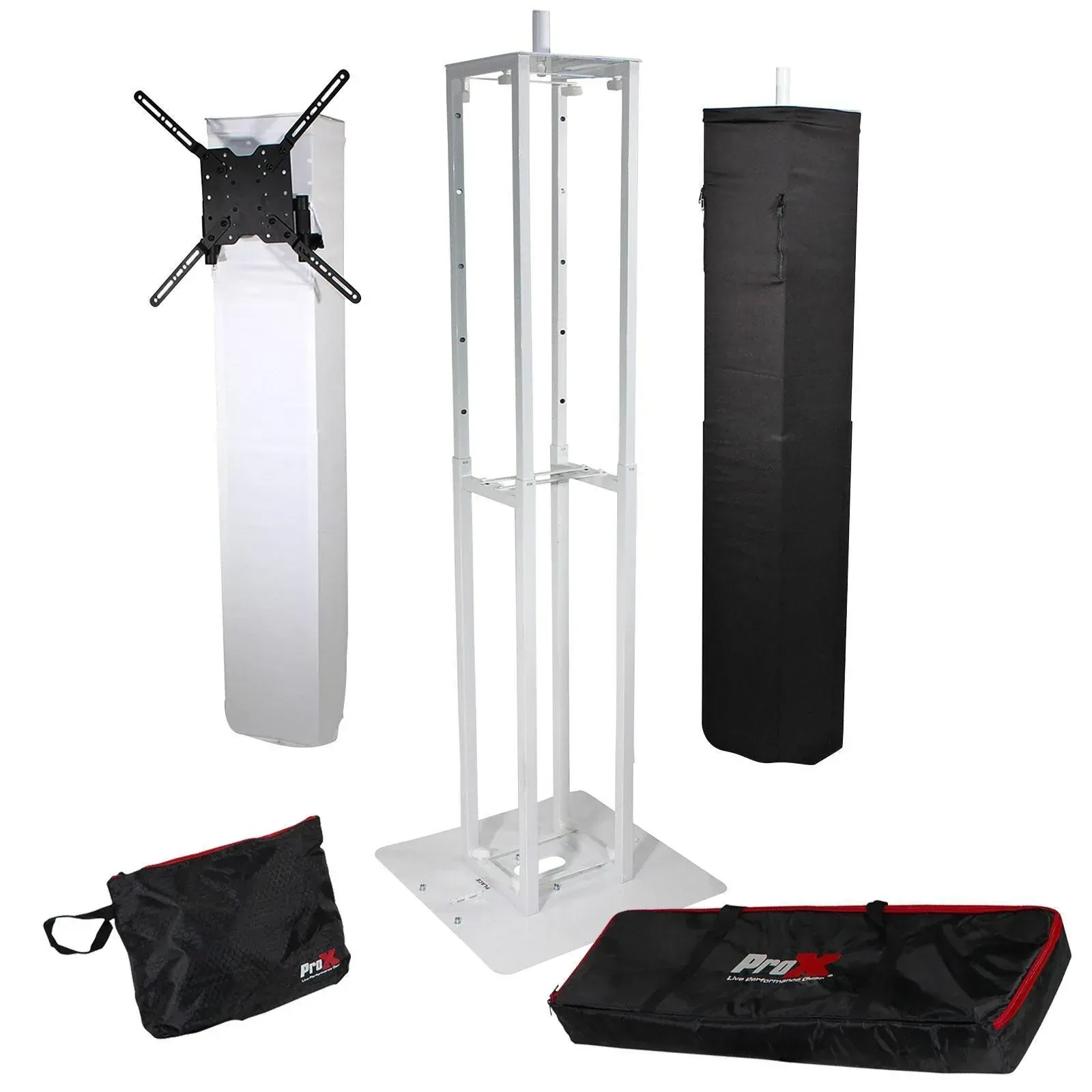 Стойка для световых приборов ProX XT-FLEXTOTEM регулируемая 3–6 ft, белая, с TV-креплением, складным основанием, скримами и адаптером для колонок