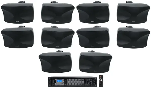 (10) Rockville WET-44 PRO Dual 4" 4-Way Swivel 70V Black Commercial Speakers+Amp