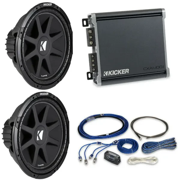 2) KICKER 43C104 Comp 10" Subwoofers + 46CXA4001 Monoblock Amplifier + Amp Kit