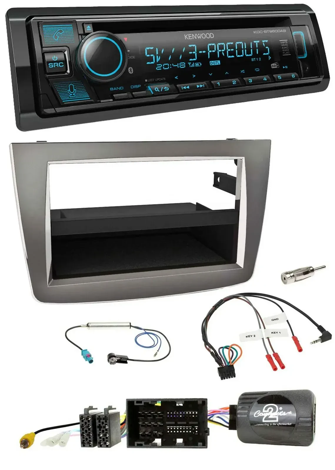 Автомагнитола для Alfa Romeo Mito 2014–2018 Kenwood Bluetooth USB CD DAB, серебристая