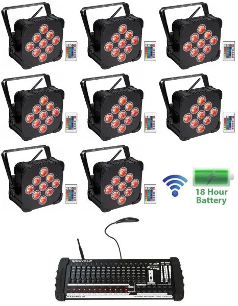 (8) Rockville BEST PAR 60 Battery Wash Lights Wireless DMX+384 Ch. Controller