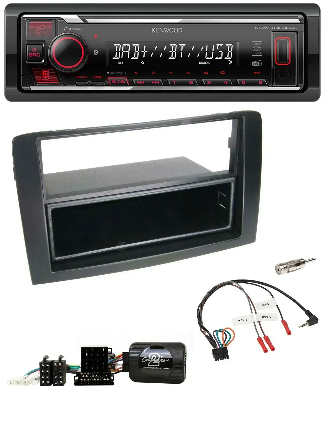 Автомагнитола для Fiat Idea 2006–2012 Kenwood с поддержкой управления на руле, Bluetooth, USB, DAB, черная