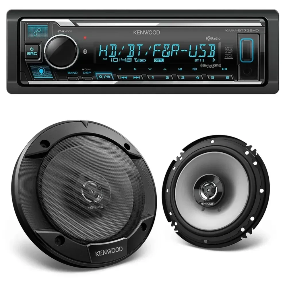 Автомагнитола Kenwood KMM-BT732HD, Bluetooth, HD Radio, укороченный корпус + 6.5" коаксиальные динамики Kenwood KFC-1666S (набор, пара)