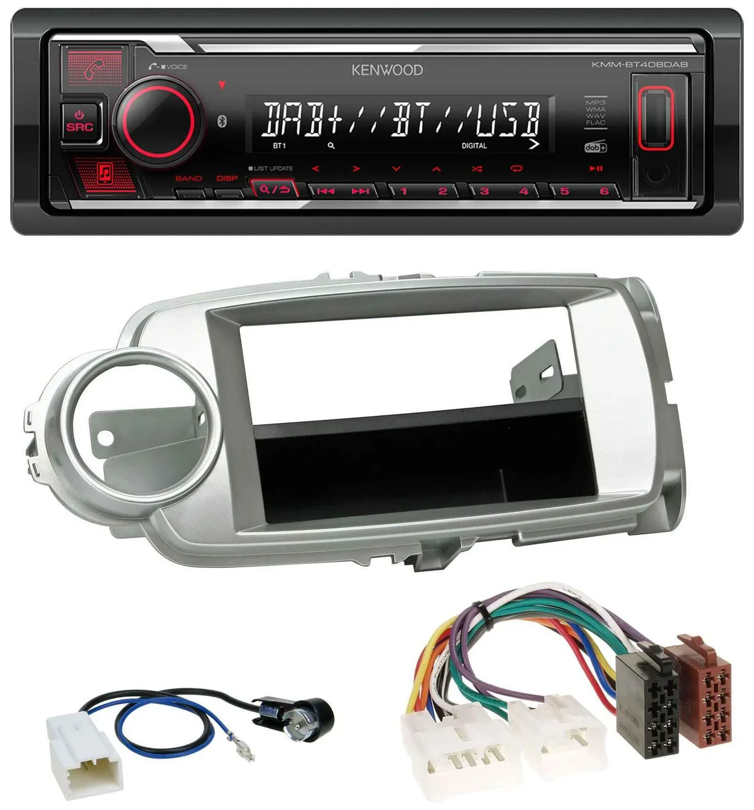 Автомагнитола Kenwood для Toyota Yaris (2011–2014) MP3 Bluetooth USB DAB серебристая