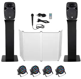 DJ Package w/Dual 15" Bluetooth Speakers+Mic+Tripod+Totem Stands+Facade+Lights