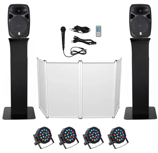 DJ Package w/Dual 15" Bluetooth Speakers+Mic+Tripod+Totem Stands+Facade+Lights