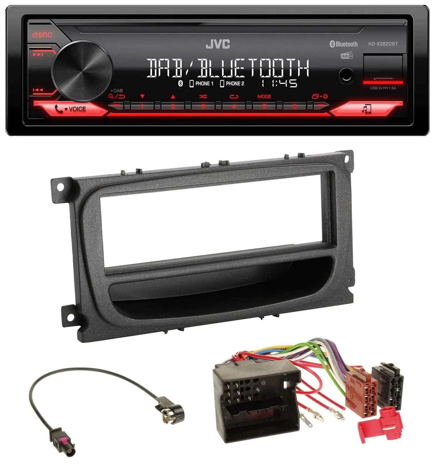 Автомагнитола JVC Bluetooth USB DAB MP3 для Ford Mondeo/S‑Max (2007–2014), черная, с карманом