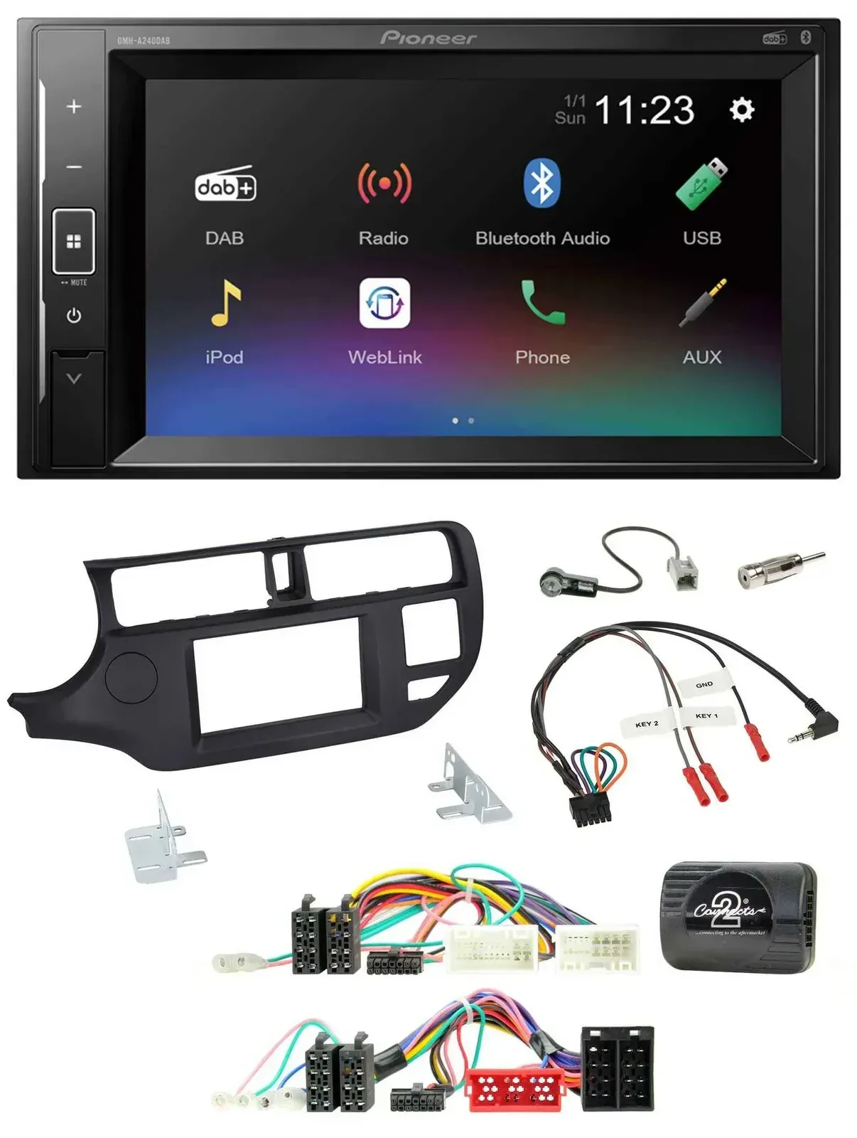 Автомагнитола для Kia Rio Pioneer 2 DIN, DAB, Bluetooth, USB, черная