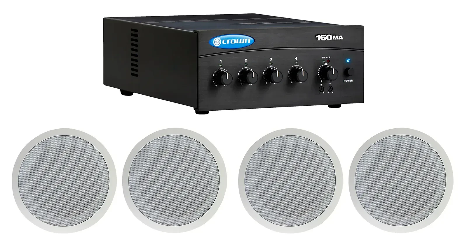 Crown 70v Amplifier+(4) White 8" Commercial Ceiling Speakers 4 Restaurant/Office