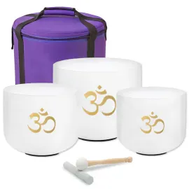 keepdrum Quarz Klangschalen-Set OM Weiss 3-Chakren Set mit Zubehör