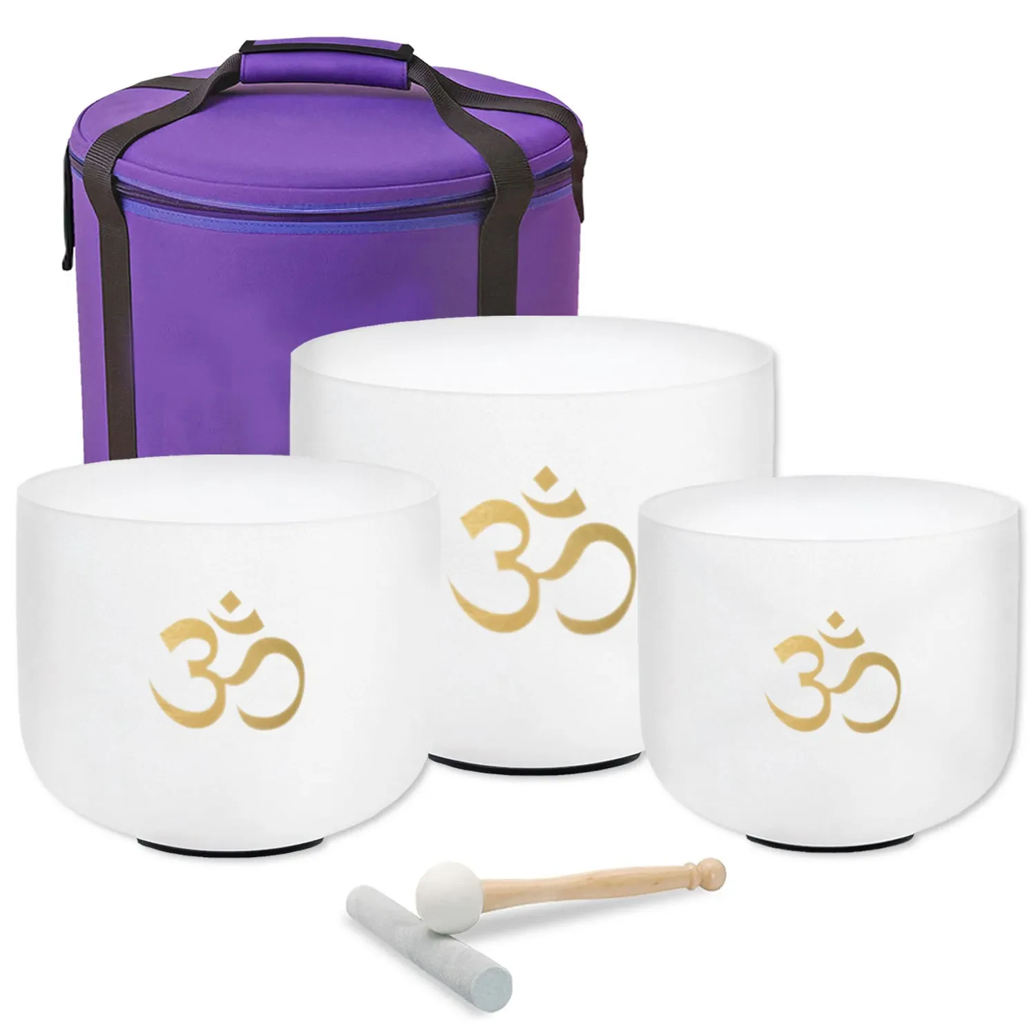 keepdrum Quarz Klangschalen-Set OM Weiss 3-Chakren Set mit Zubehör