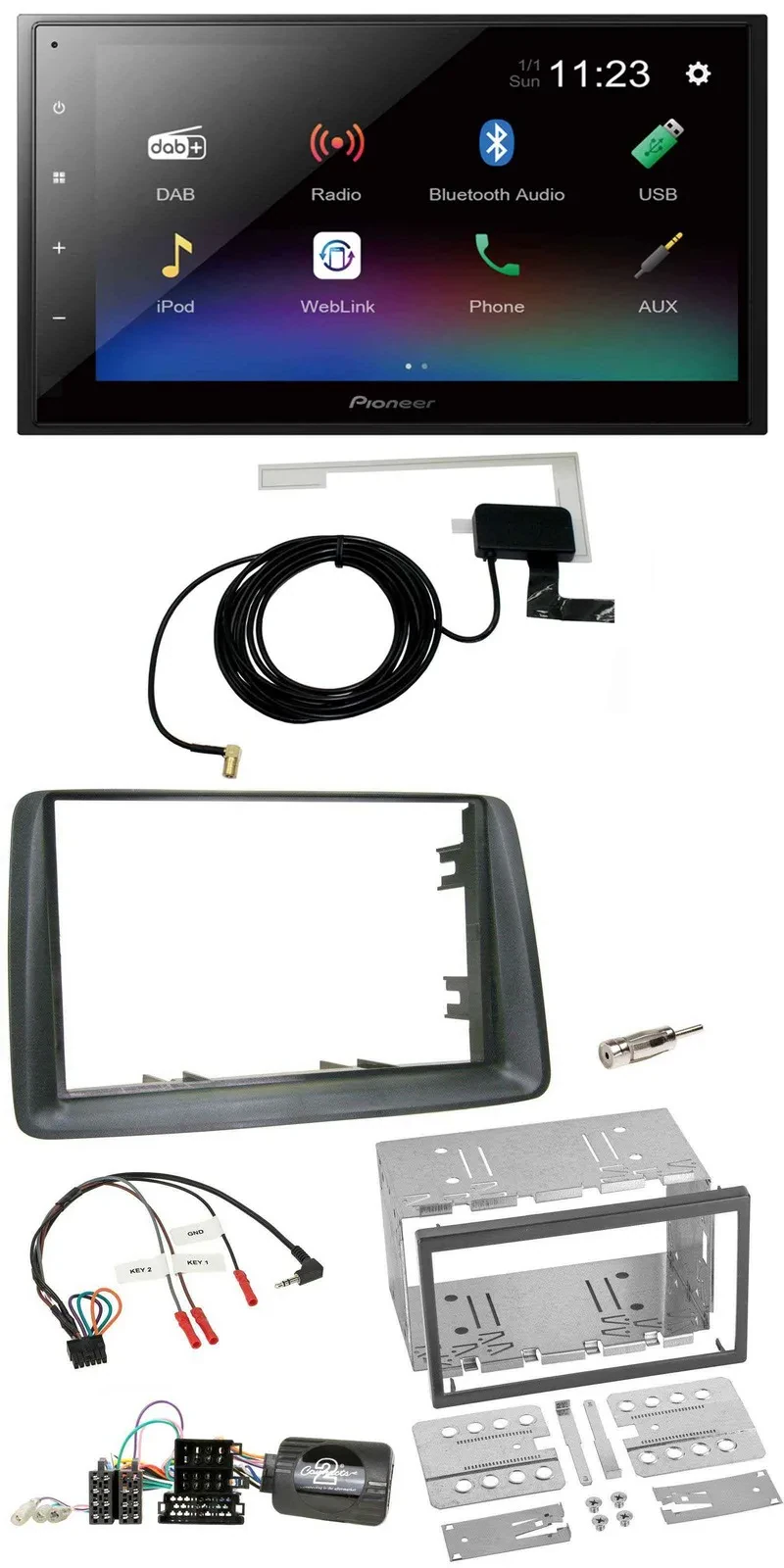 Pioneer DAB Lenkrad Bluetooth 2DIN USB Autoradio für Fiat Panda 2007-2012 grau