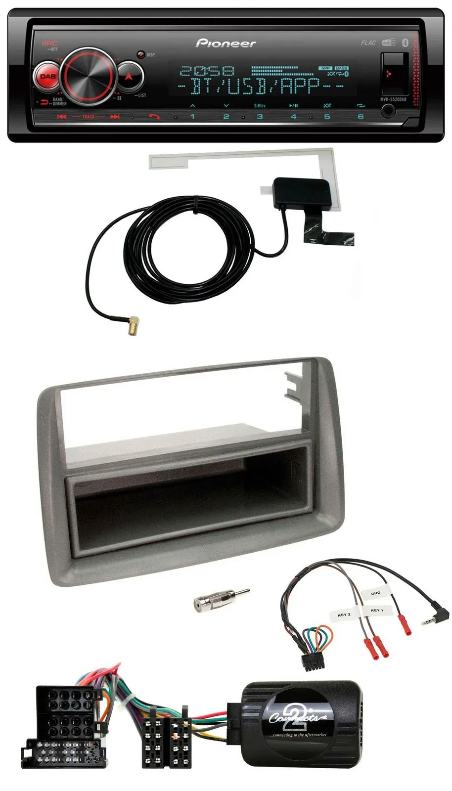 Автомагнитола для Fiat Panda 2004–2010 (169) Pioneer Bluetooth, DAB, USB, поддержка управления на руле, серый