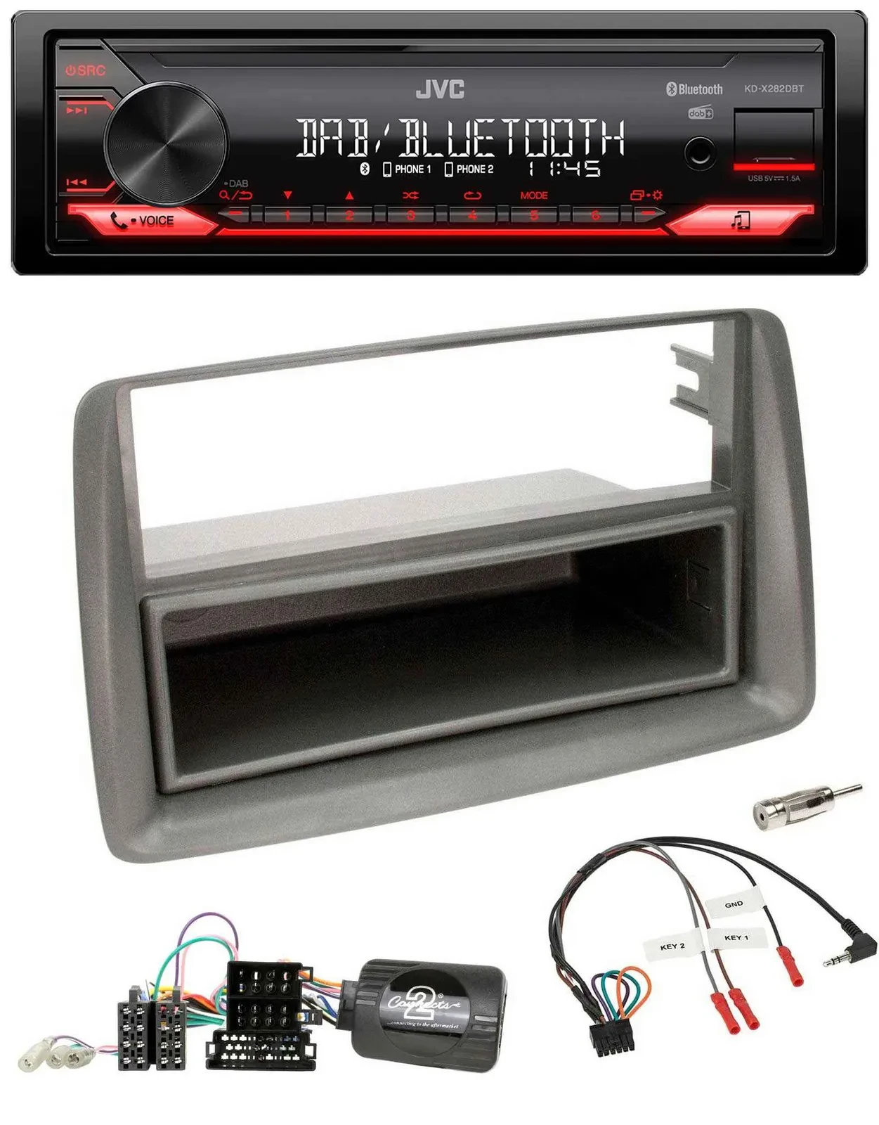 JVC Bluetooth USB DAB Lenkrad Autoradio für Fiat Panda 169 2007-2012 grau