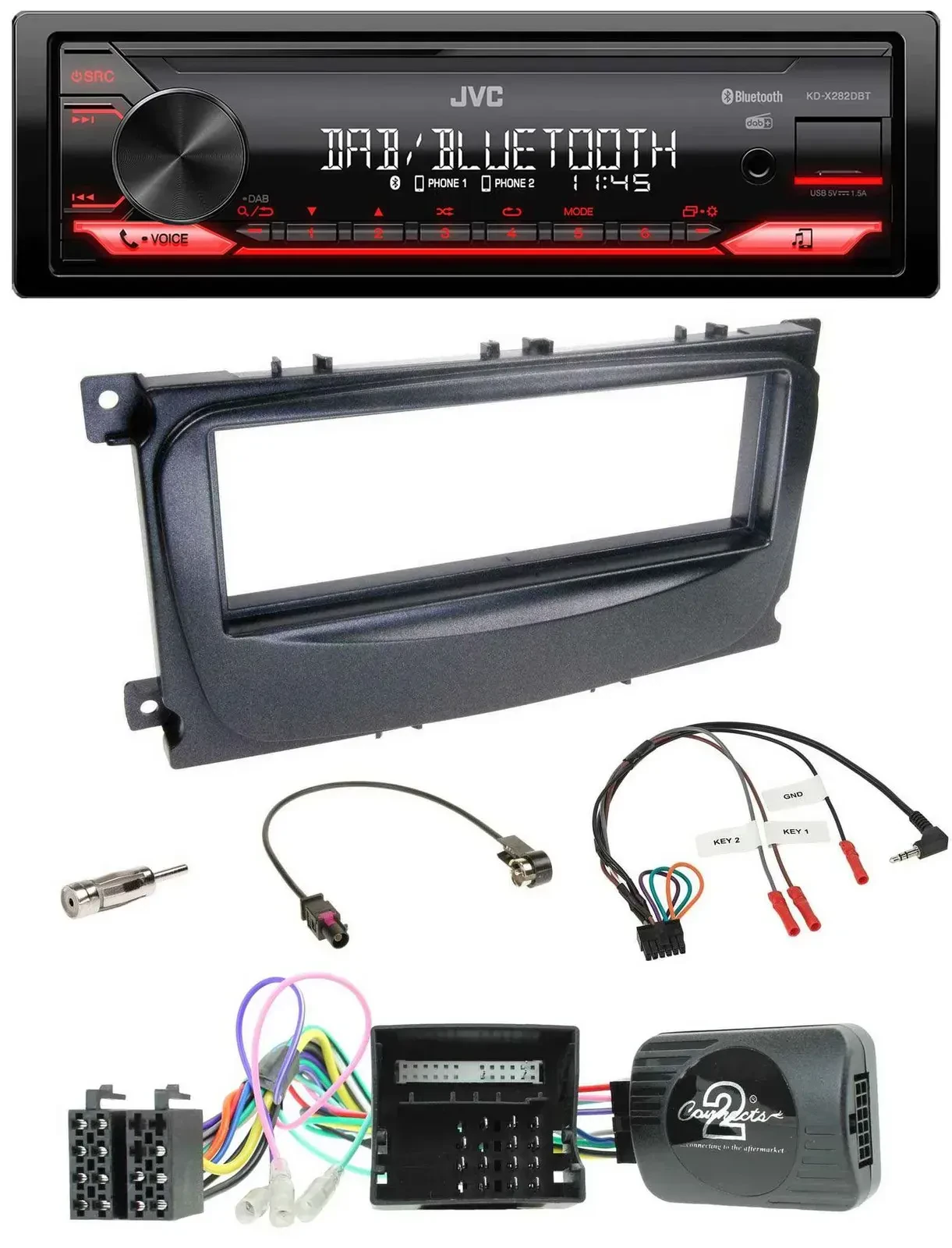 Автомагнитола JVC Bluetooth USB DAB, совместимая с кнопками на руле, для Ford C‑Max (2007–2010) и Focus, чёрная