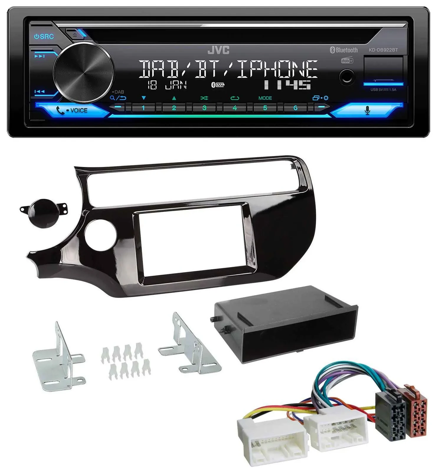 JVC Bluetooth MP3 USB DAB CD Autoradio für Kia Rio UB ab 2015 piano-schwarz
