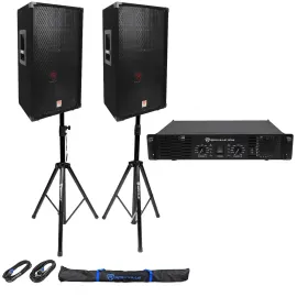 (2) Rockville RSG12 PA Speakers + Rockville RPA9 DJ Amp + Stands + Cables + Case