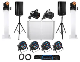 (2) JBL SRX835P 15" 2000w Powered DJ Speakers+Facade+Fog+Haze+Par Lights+Totems