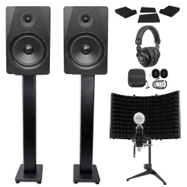 2) Rockville DPM8B 8" 600w Studio Monitors+36" Stands+Headphones+Mic+Shield