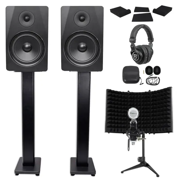 2) Rockville DPM8B 8" 600w Studio Monitors+36" Stands+Headphones+Mic+Shield